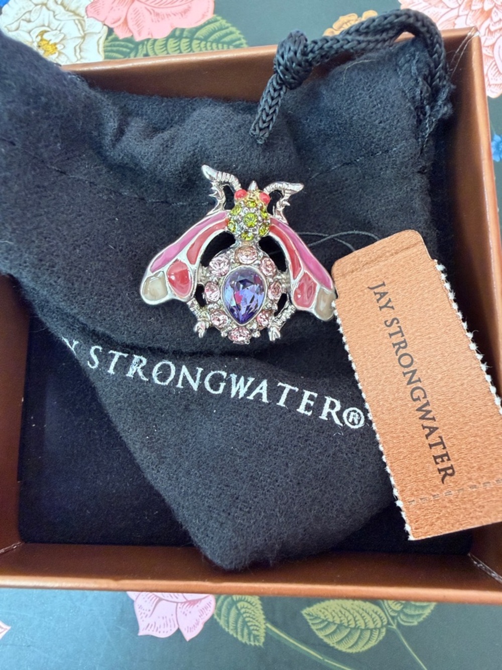 Jay Strongwater Handmade Pink and Purple Bee Brooch with Green Crystal Accents